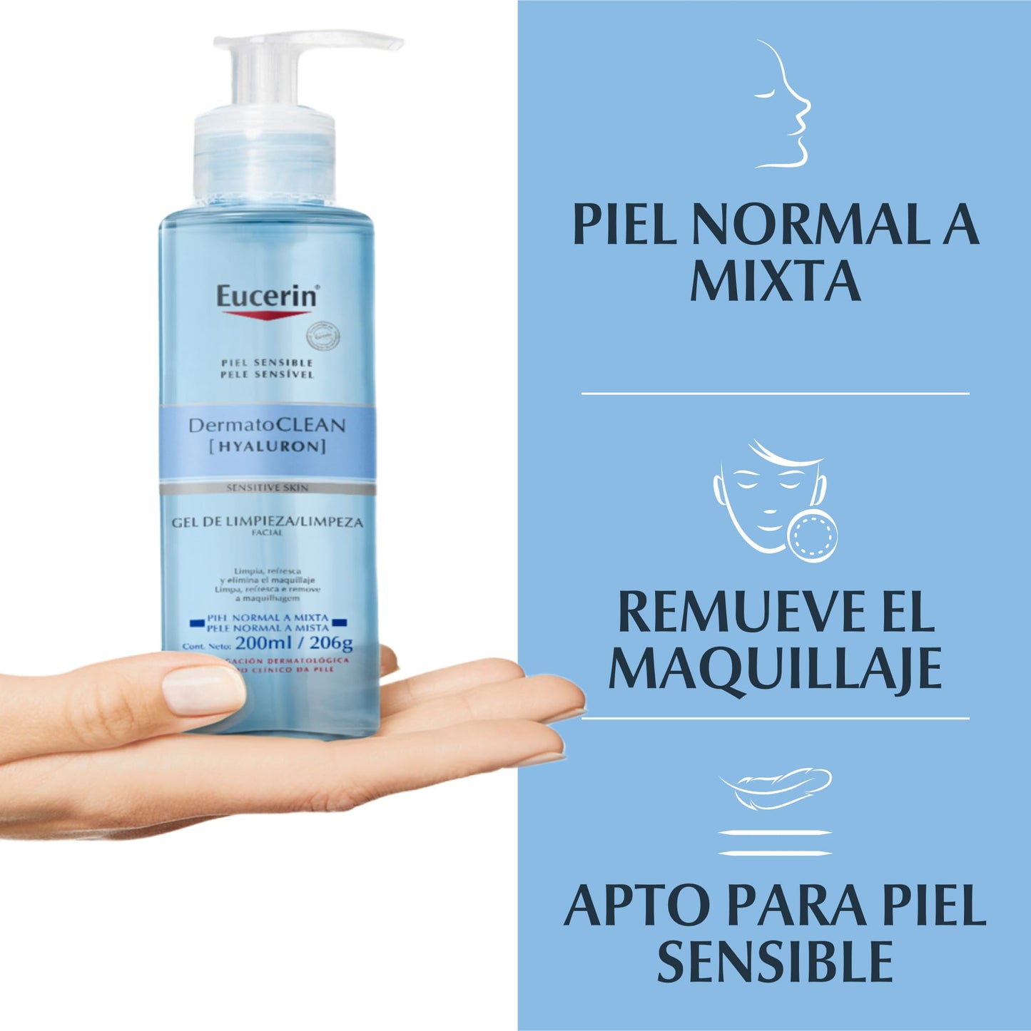 Eucerin Gel Limpiador Facial DermatoClean para piel normal a mixta, 200ml, empaque puede variar