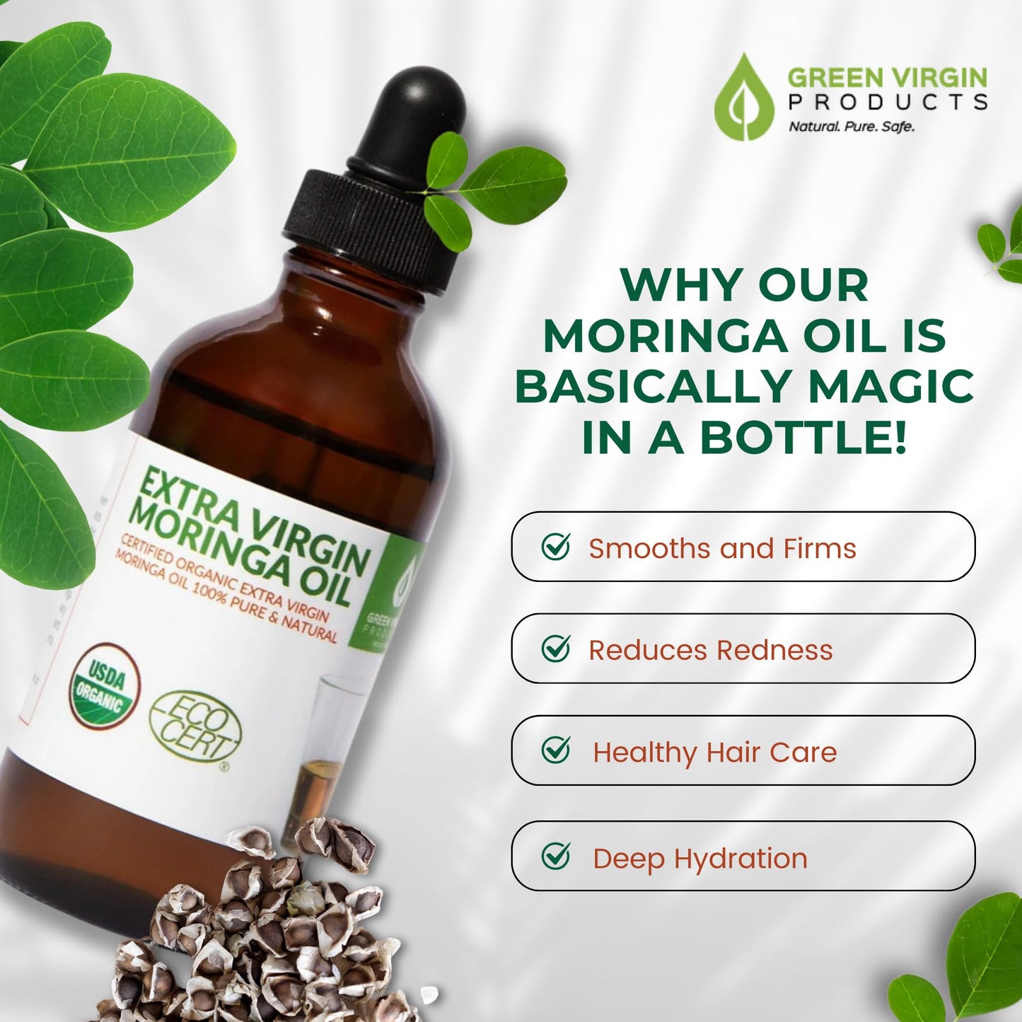 Moringa Oil, Cold Pressed 100% Pure, Food Grade