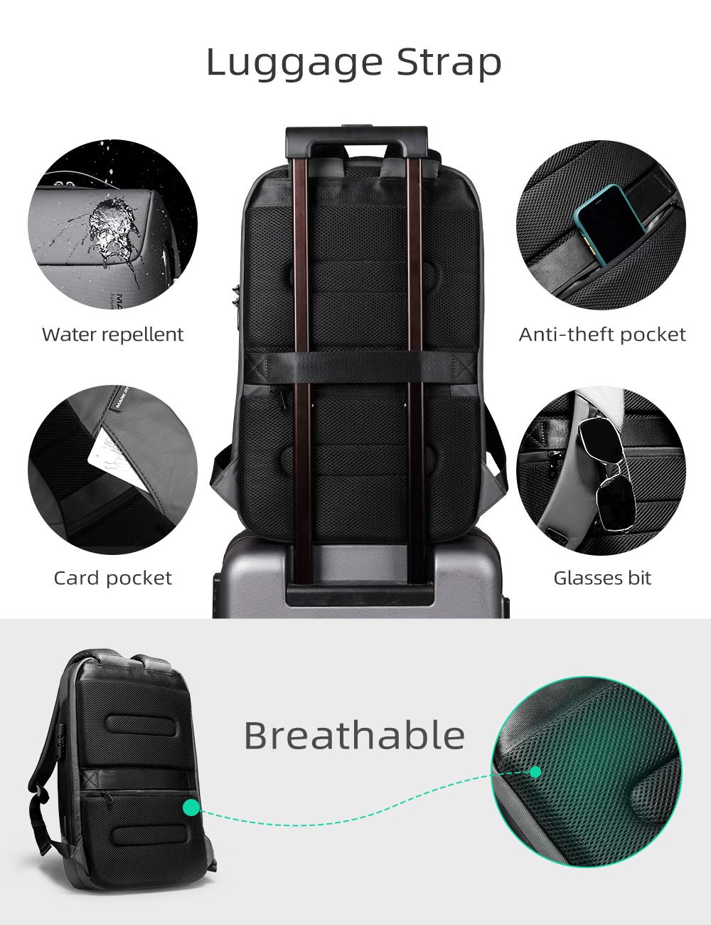 Mochila MARK RYDEN gris resistente al agua con puerto USB y bloqueo TSA para laptop de 15.6 pulgadas para hombre