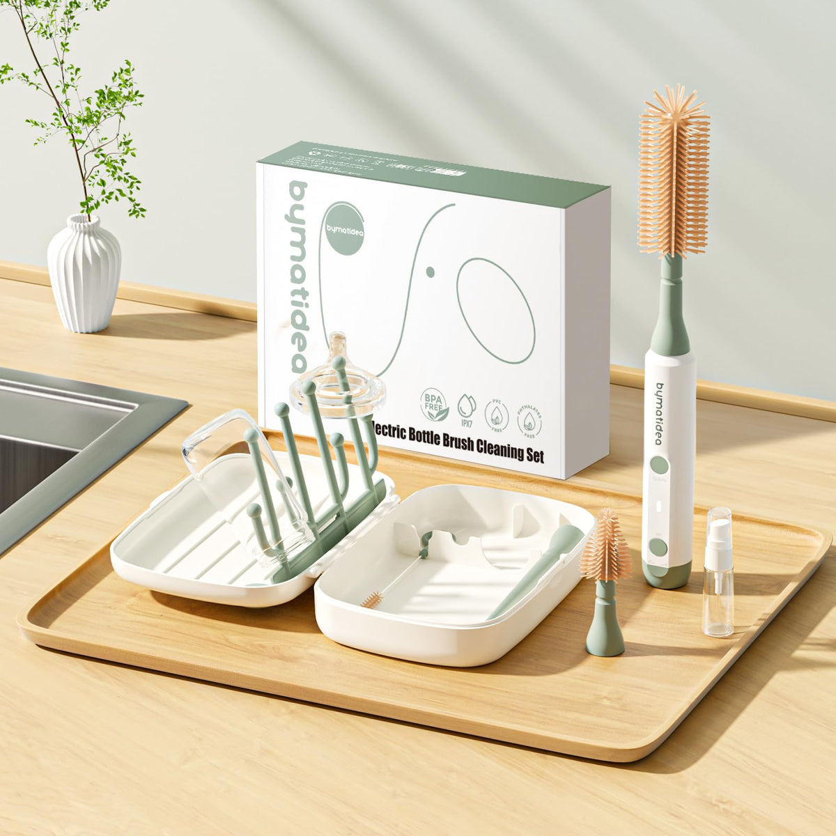 Bicboz Cepillo limpiador de biberones eléctrico, kit de viaje 8 en 1 con caja de almacenamiento, silicona de grado alimenticio, impermeable, batería de larga duración, juego de cepillos limpiadores de