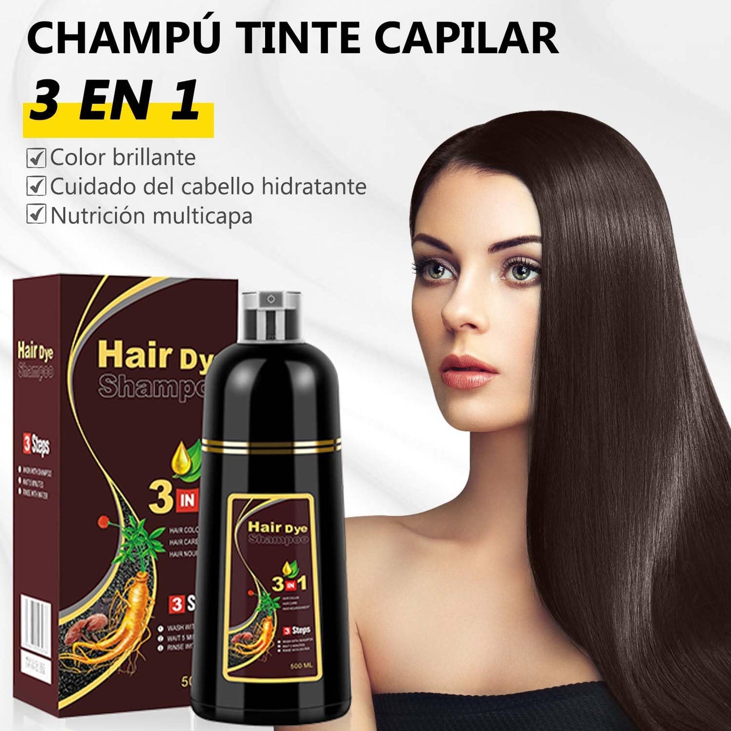 Champú Instant Hair Color para Cabello,Champú para Teñir el Cabello, Champú Tinte Instantáneo 3 En 1,Coloración a Base de Hierbas en Minutos para Mujeres y HombresTeñir el Cabello (Marron oscuro)