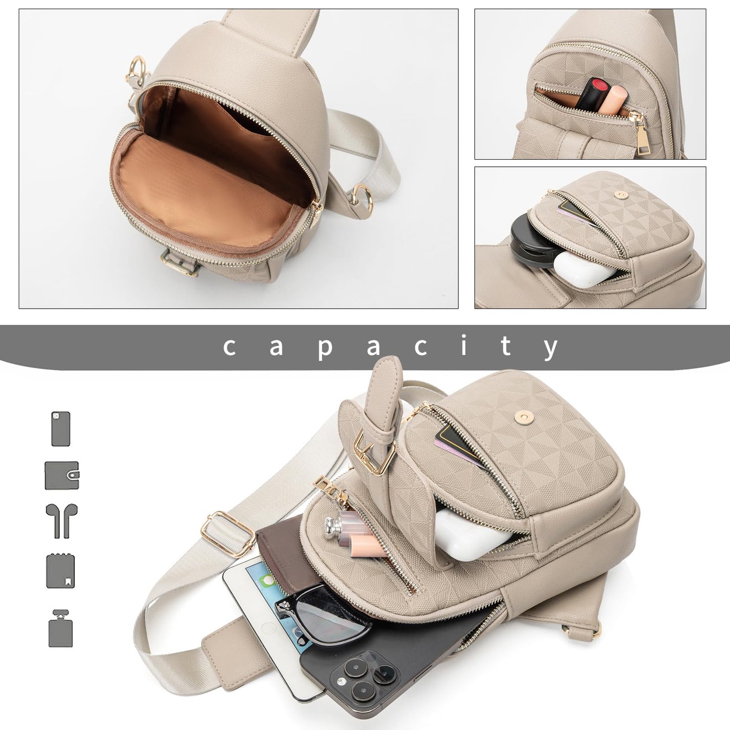Anck Riñonera Bandolera para Mujer, Bolso Pequeño en el Pecho, Estilo Casual a Cuadros, 9831-G-YH-Khaki, Moda Relajada