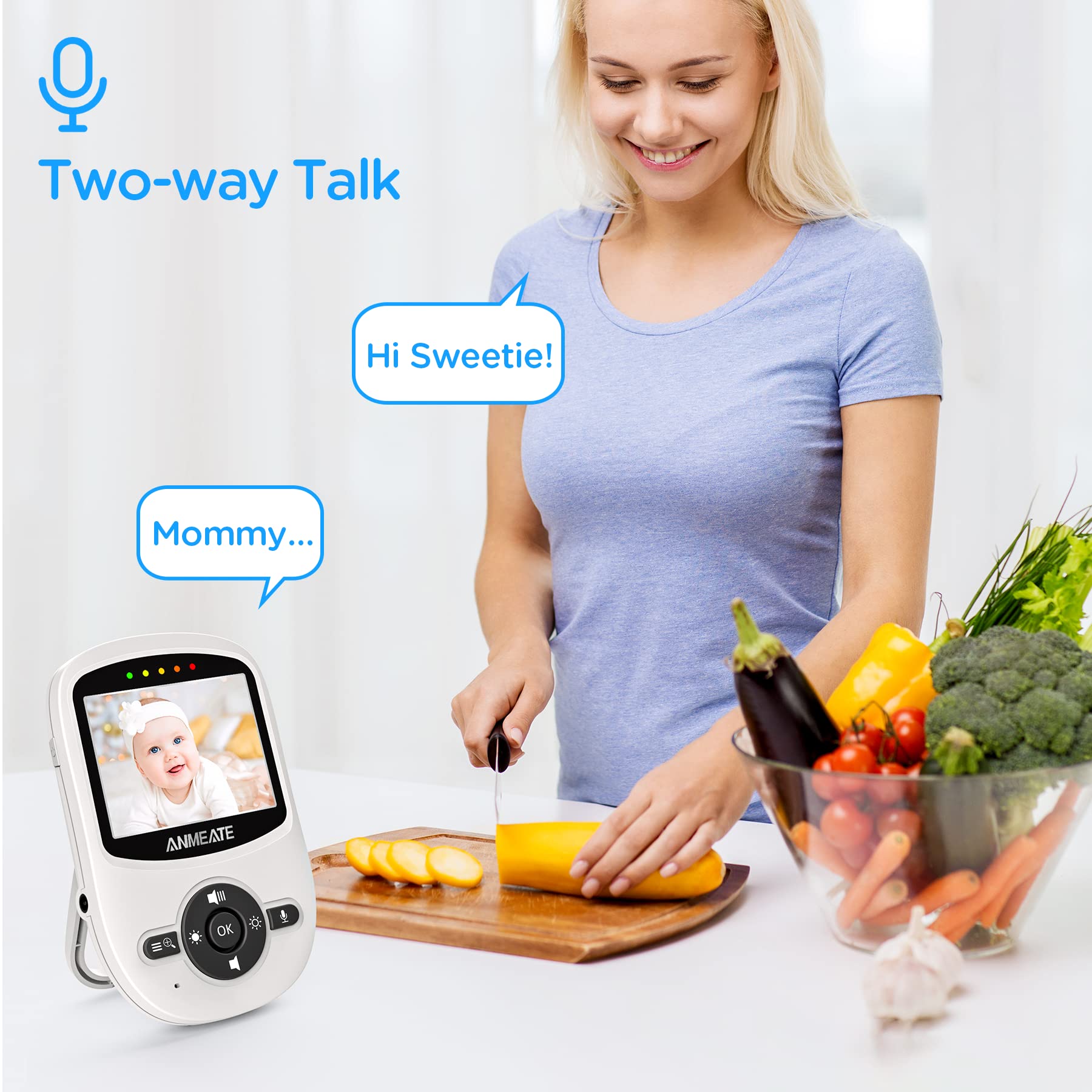 Monitor de Bebé con Cámara Digital ANMEATE Blanco Inalámbrico con Monitoreo de Temperatura y Habla Bidireccional