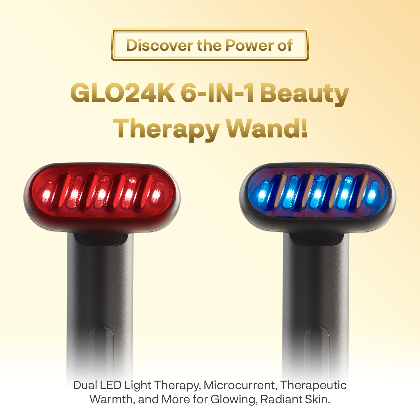 Varita de Terapia de Belleza GLO24K Dorada 6 en 1 con Luz LED, Térmica, Vibración y Microcorriente para Rostro, Ojos y Cuello