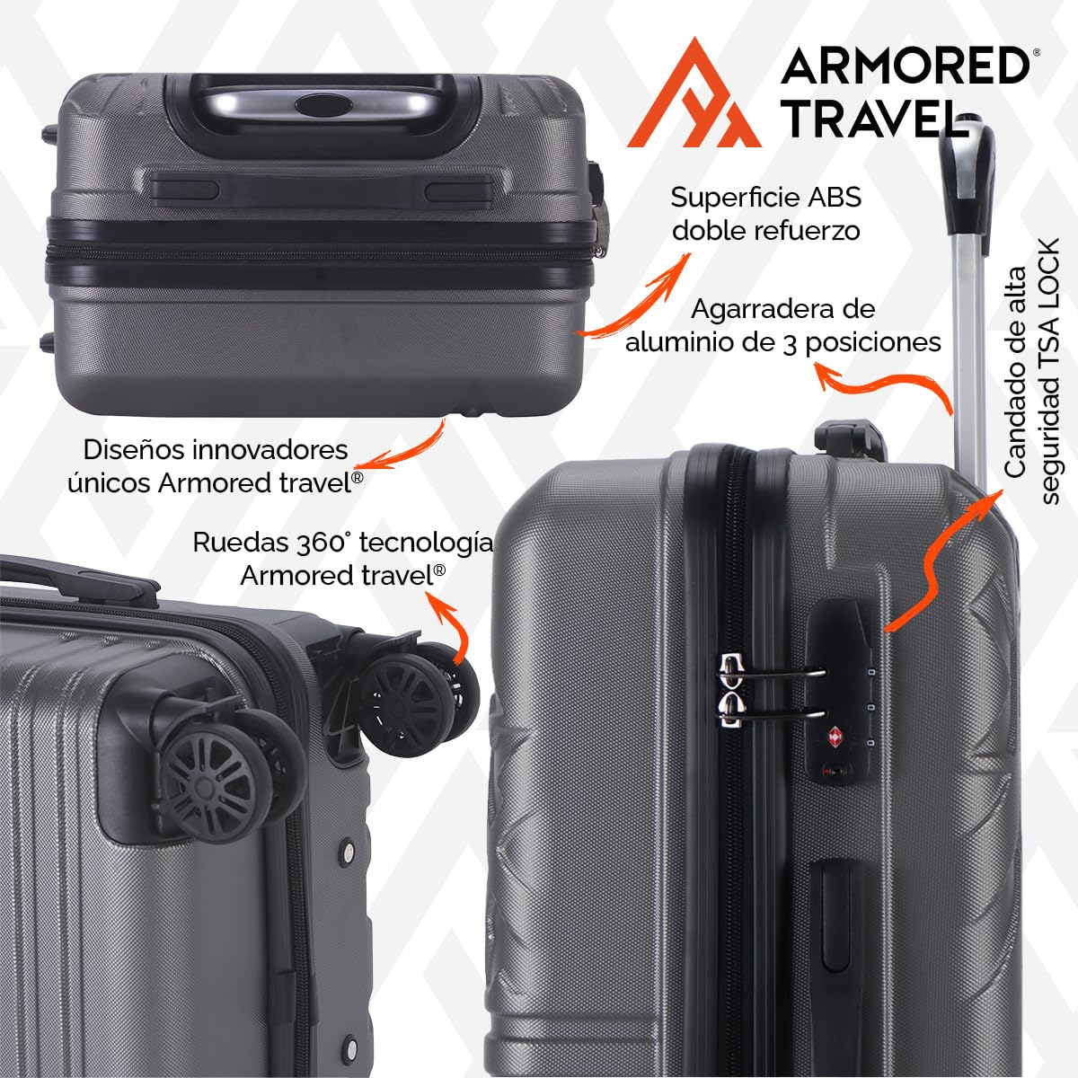 Maleta De Viaje Carry On 20" de Mano Cabina 10kg Rígida Doble Refuerzo Con * TSA Lock * Luggage suitcase Armored Travel (Gris)