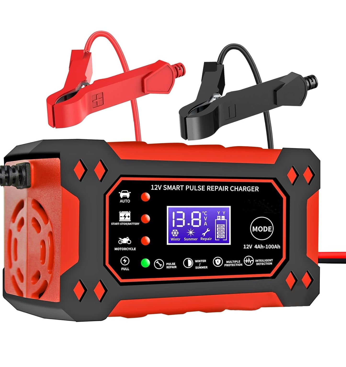 Cargador de Bateria de Auto 12V 6A,Portatil Cargador de Baterías Automático Coche Moto SUV,LCD Pantalla,Múltiples Protecciones,Ajuste Inteligente de Corriente para Cargar y Proteger Batería,ATVs,RVs