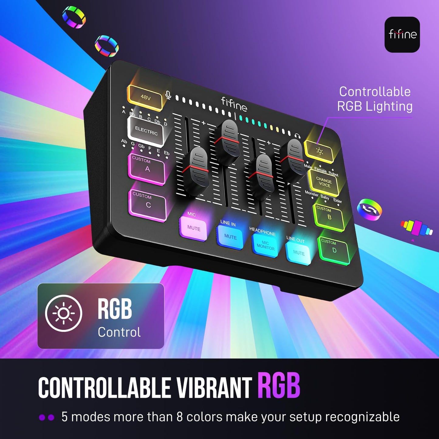 FIFINE Mezclador de Audio para Streaming, Mezclador RGB con Interfaz de Micrófono XLR, Atenuador de Volumen, Alimentación Fantasma de 48V en Mac/PC, para Voz de Gaming/Podcast/Grabación-AmpliGame SC3
