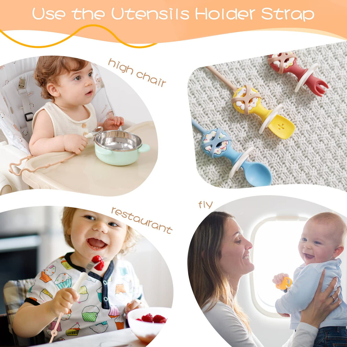 Cucharas para autoalimentación de bebé, SMAutoLife, para niños de 6 meses, juego de utensilios para niños pequeños con correa de silicona de grado alimenticio para mantener el tenedor y la cuchara
