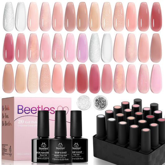 Juego de esmaltes de uñas en gel Beetles Pink Nude, 20 colores neutros, rosa gelatinoso, transparente, con purpurina, color blanco, kit de gel UV Soak Off con capa superior mate brillante de gel base, regalos de manicura DIY