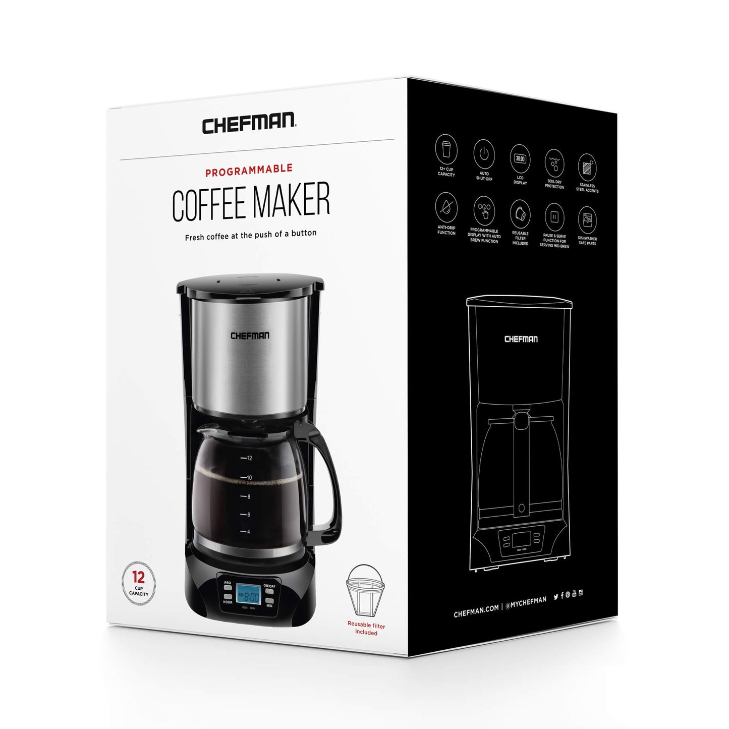 Chefman | Cafetera Programable | 12 tazas | Goteo | Filtro Reutilizable | Acero Inoxidable