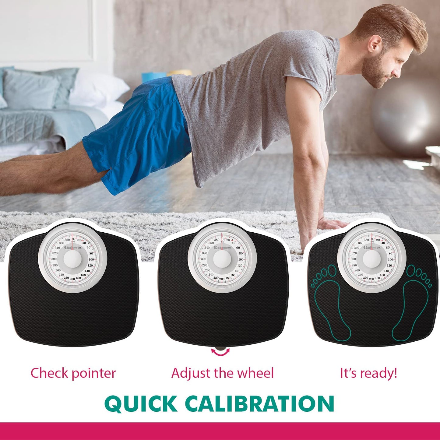 Adamson Báscula A25W para peso corporal, hasta 400 libras, esfera de 5.3 pulgadas en plataforma de 12.5 x 10.2 pulgadas, superficie de goma antideslizante, báscula de baño de alta precisión, analógica