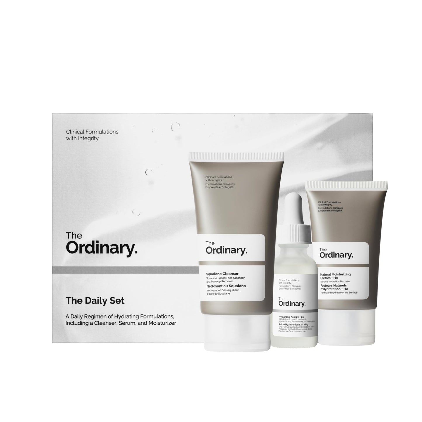 The Ordinary The Daily Set - : el limpiador de escualano ordinario; el ácido hialurónico ordinario 2% + B5; los factores hidratantes naturales ordinarios + HA - 3 piezas