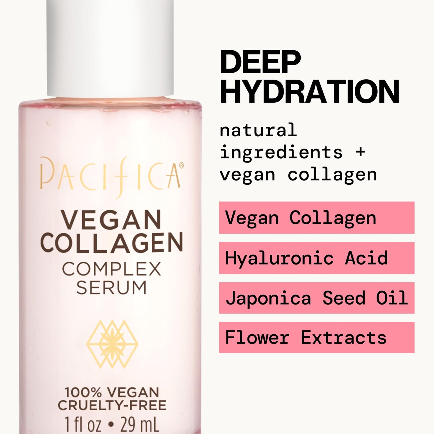 Pacifica Beauty Vegan Collagen Complex Serum, Hyaluronic Acid, Hydrating & Moisturizing for Aging and Dry Skin, 100% Vegan & Cruelty Free, Sulfate, Silicone + Paraben Free