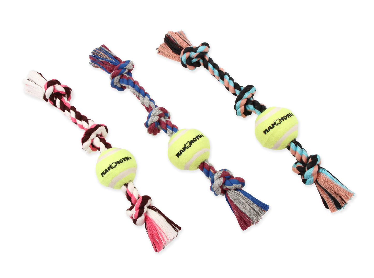 Mammoth Flossy Chews Color 3 Knot Tug w/Standard Tennis Ball – Premium Cotton-Poly Tug Toy for Dogs – Interactive Dog Tug Toy – Rope Dog Toy with Tennis Ball for Medium Dogs - 20”