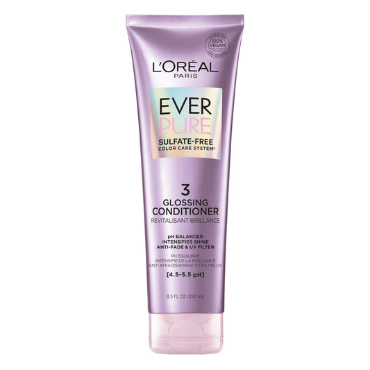 L'Oréal Paris Acondicionador con Ph balanceado Ever Pure Glossing controla aporta brillo intenso para todo tipo de pelo teñido Sin Sulfatos, 250ml