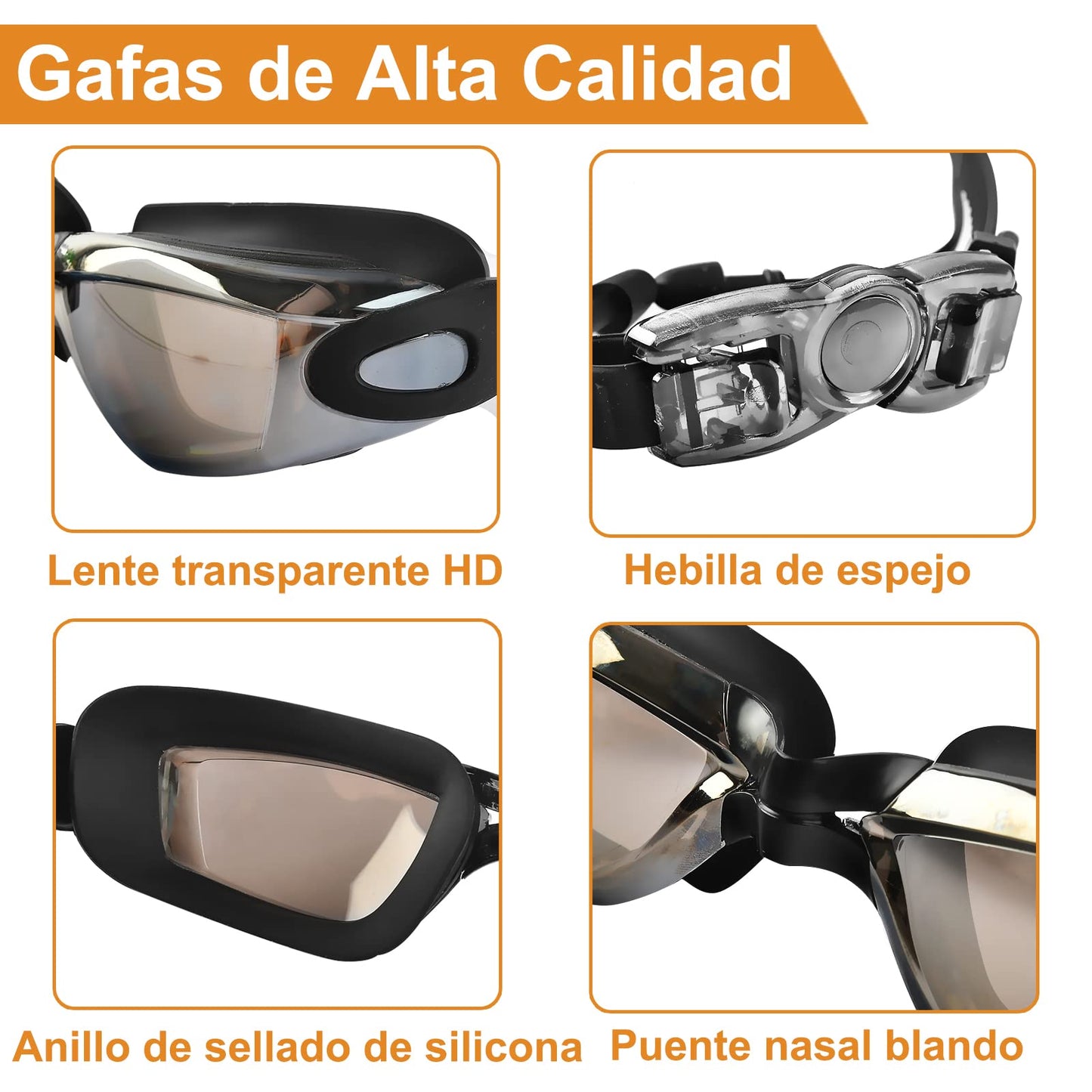 Gafas de Natación, Kit de Natación 5 en 1, Incluye Gafas de Natación, Gorro de Natación, Auriculares y Clips para la Nariz, Bolsa de Natación, Adecuado para Hombres y Mujeres Adultos y Niños Negro