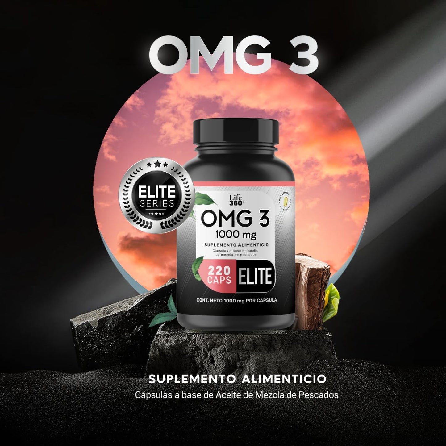LIFE 360+ Omega 3 Aceite puro de salmón con 1000mg | 220 Cápsulas | Aceite de Salmón, Anchoa, Linaza, Cártamo, Mackerel Alto (con EPA y DHA, Omega 6 y Omega 9) | Suplemento Alimenticio OMG 3 | 220 Cápsulas por Envase
