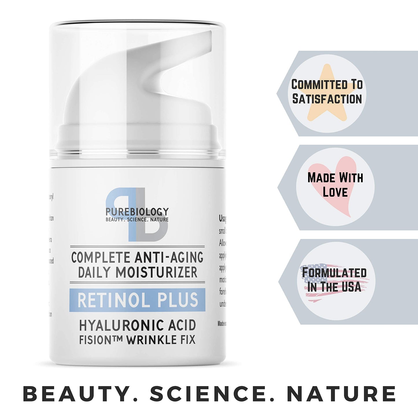 Pure Biology Retinol Moisturizer Cream with Hyaluronic Acid, Vitamins B5, E & Breakthrough Anti Aging, Anti Wrinkle Complex – Face & Eye Skin Care for Men & Women, All Skin Types, 1.7 OZ