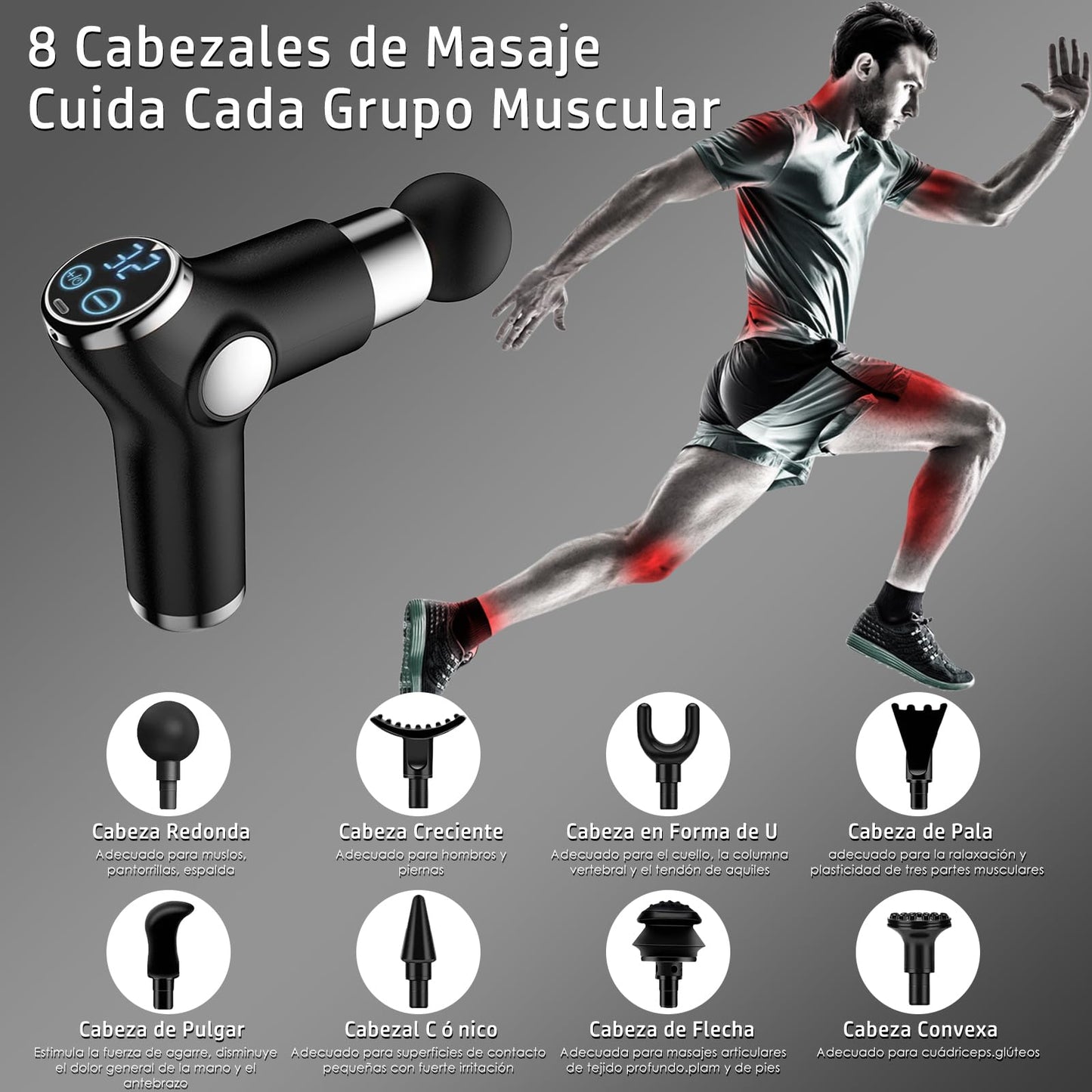 Pistola de Masaje,Masajeador Muscular de Tejido Profundo con 8 Cabezales,Máquina de Masaje Espalda Recargable,Mini Massage Gun Portátil con 32 Niveles Ajustables,Pantalla LCD,Súper Silencioso,Negro
