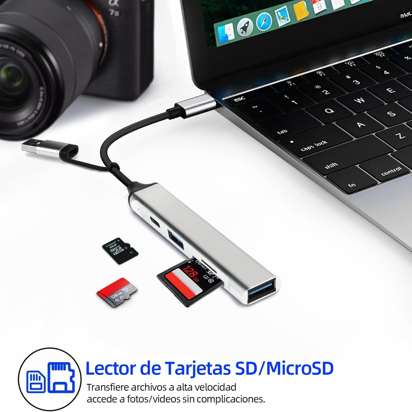 JUGLUTE USB C Hub, 5 en 1 Adaptador USB C Multipuerto Aluminio a Tarjetas SD/MicroSD, USB 3.0 y 2.0, PD Carga Compatible Hub USB con MacBook M1 M2 Pro Air iPad iPhone 16 Galaxy S24