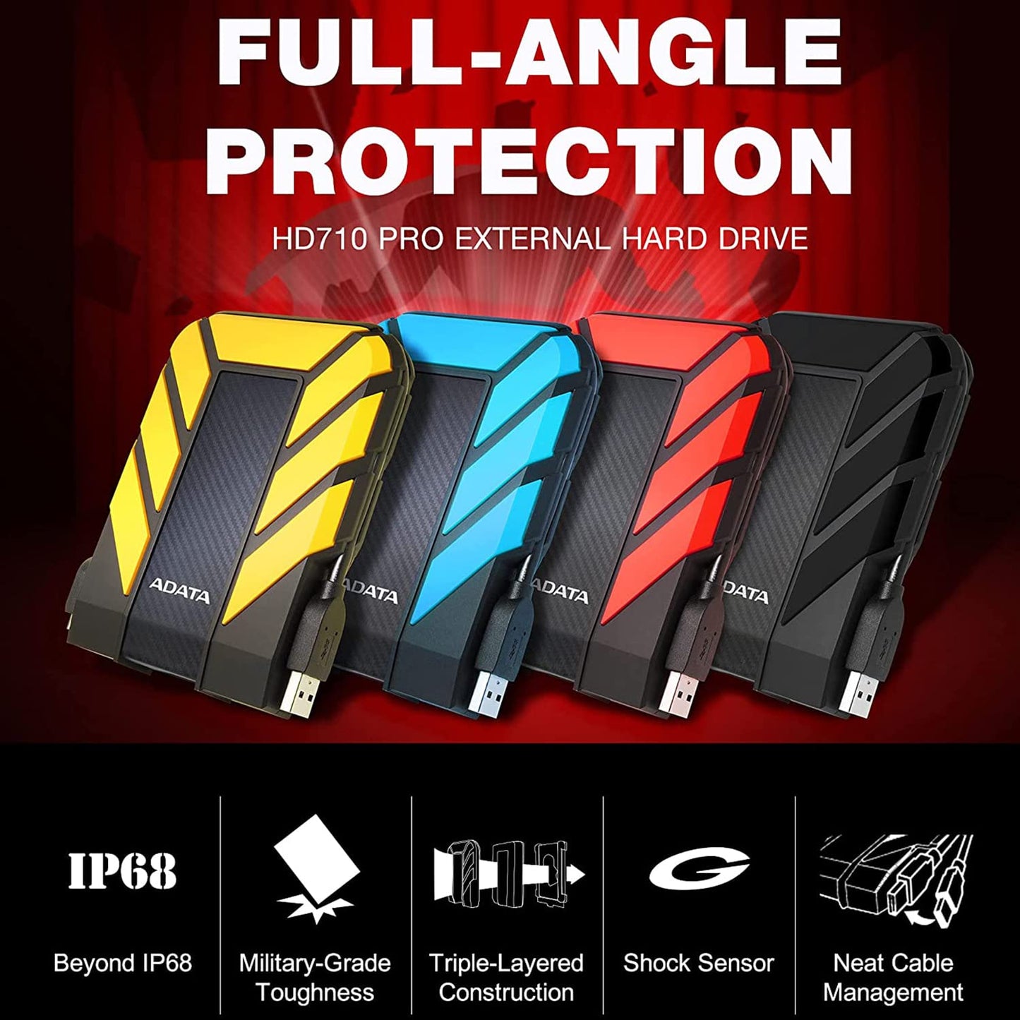 Disco Duro Externo ADATA Rojo Resistente a Golpes y Agua 2 TB Grado Militar