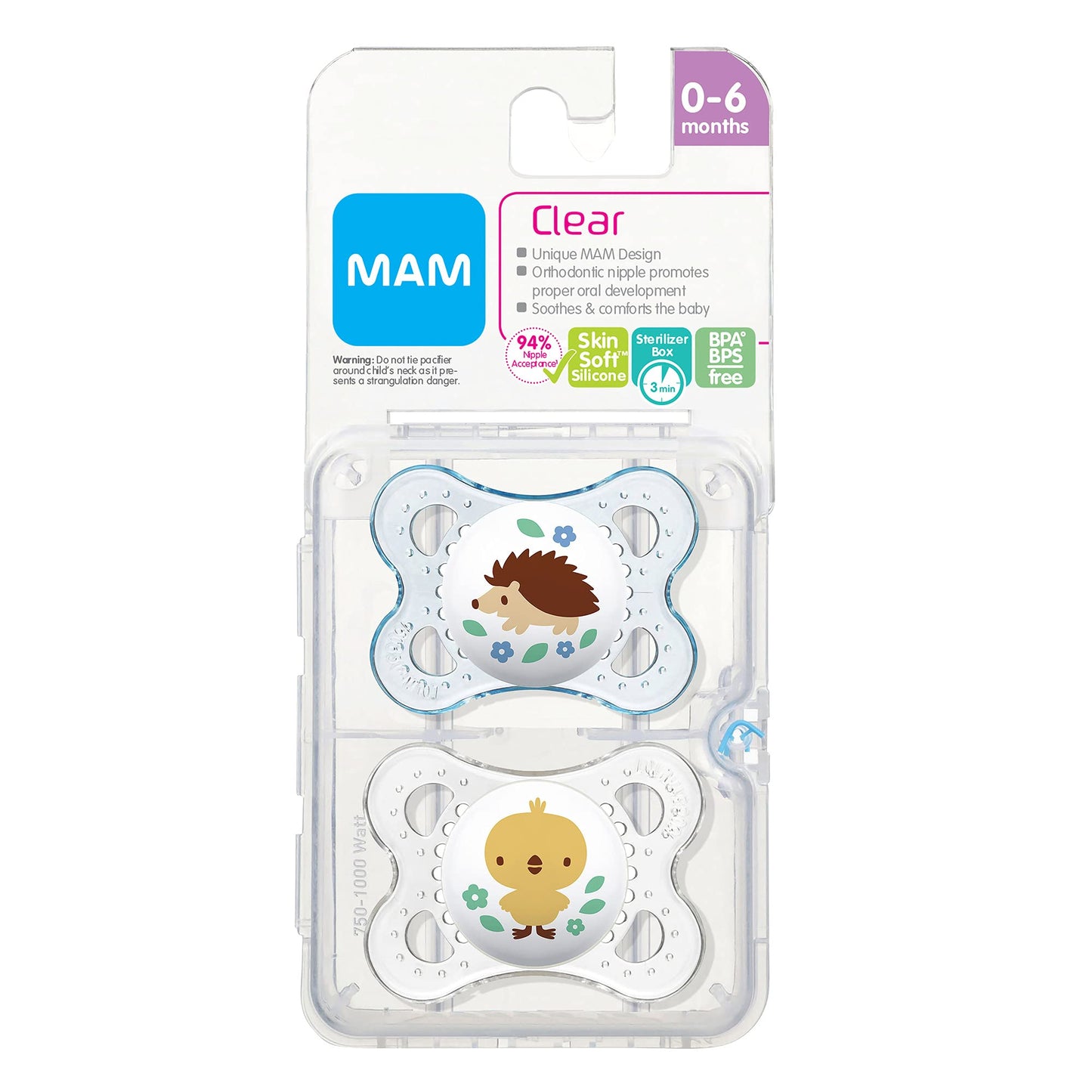 MAM Clear Orthodontic Pacifier, Bebé, 0-6 Meses, 2 piezas, colores surtidos