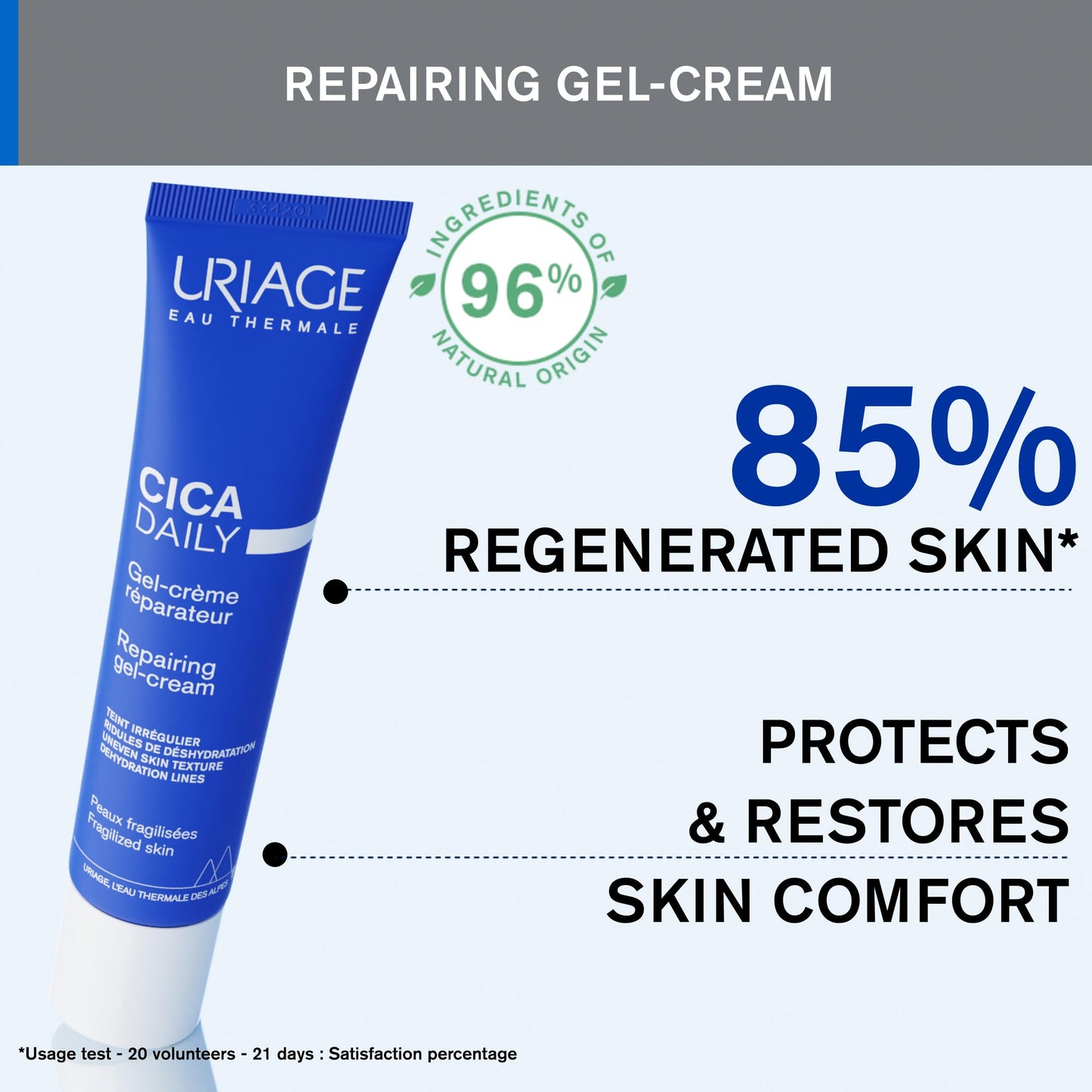 Uriage Cica-Daily Gel-Crema Reparador con Centella Asiática, Ácido Hialurónico y Cobre-Zinc - Regenera, Protege y Restaura la Piel - Sin perfume - 96% Ingredientes de Origen Natural - 50ml