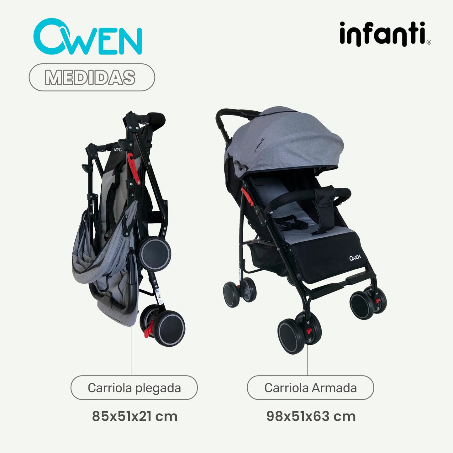 INFANTI | Carriola para Bebe OWEN | Carreola con Portabebé - Carriola de Viaje - Carrito para Bebe con Barra de Seguridad Desmontable | Cosas para Bebes 6 Meses hasta 15 kg