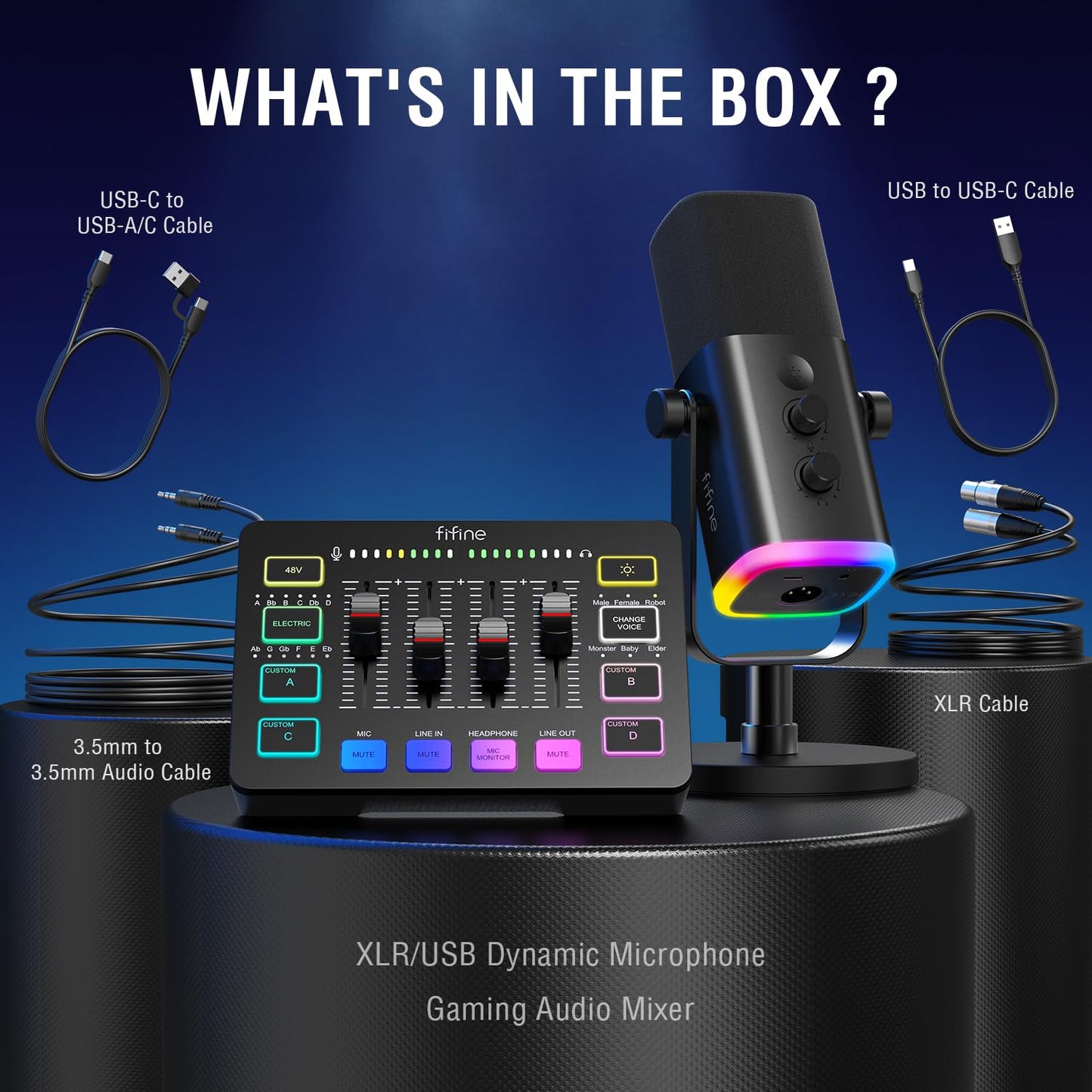 FIFINE Gaming Equipment Bundle,Set de Micrófono Dinámico XLR/USB Gaming con Mezclador de Audio Streaming para Grabación de Podcast Video Vocal,Set RGB Gamer con Fader Volumen/Interfaz XLR para PC-KS5