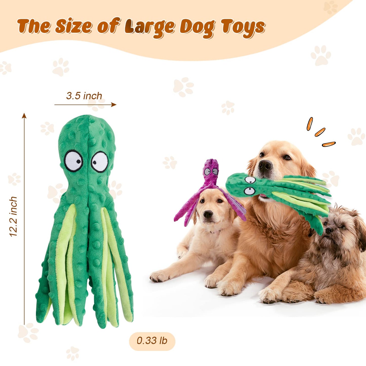 MANOPAWS - Juguetes chirriantes para perros, paquete de 3 juguetes para perros pequeños, perros medianos, perros grandes, juguetes masticables para dentición de cachorros, masticadores agresivos, juguetes de peluche sin relleno (pulpo)