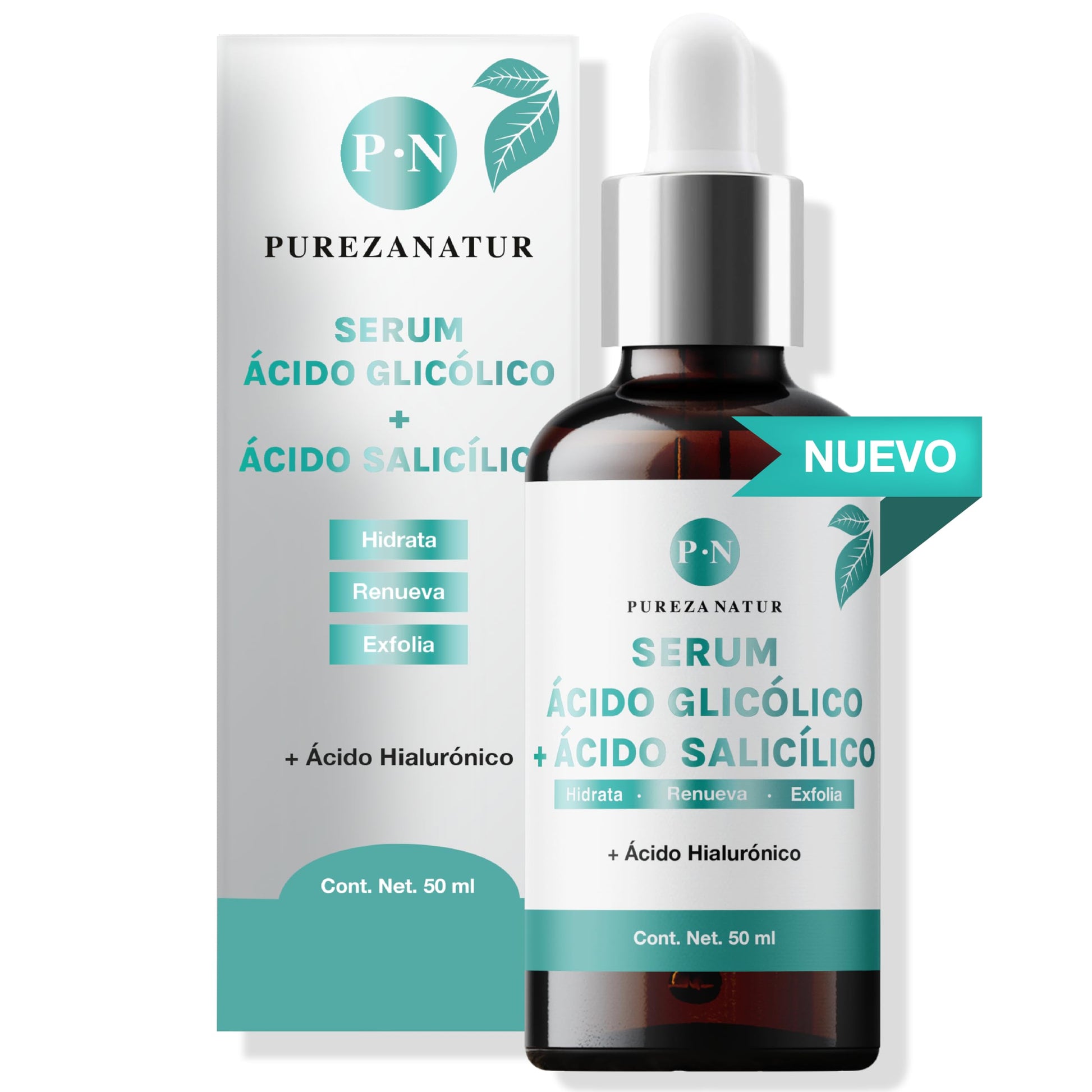 PUREZANATUR Serum facial Ácido glicólico + Salicílico hidratante 50ml | Suero antiedad con AHA, BHA, Acido hialurónico reductor de sebo skincare