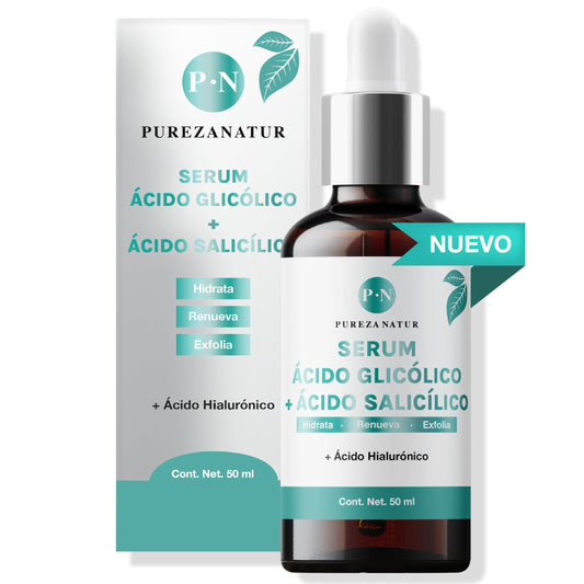 PUREZANATUR Serum facial Ácido glicólico + Salicílico hidratante 50ml | Suero antiedad con AHA, BHA, Acido hialurónico reductor de sebo skincare