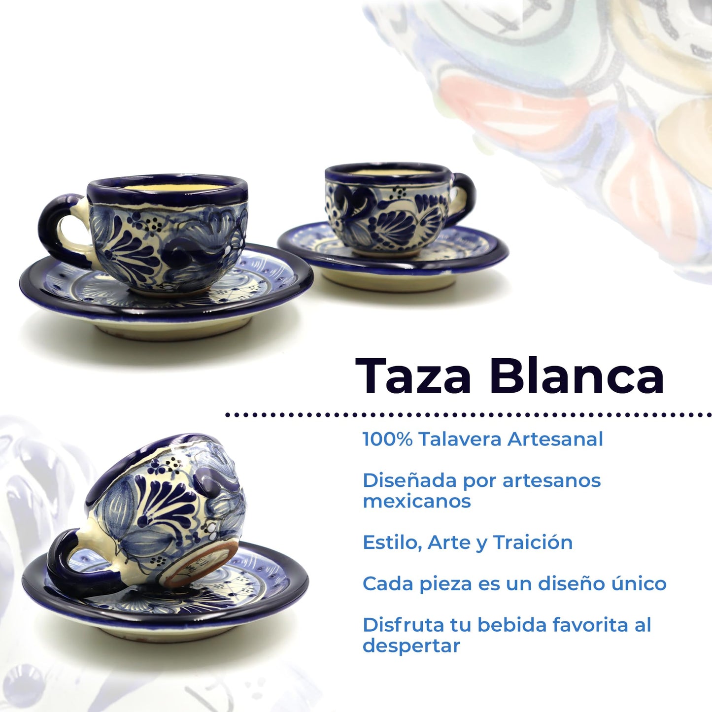 Juego de Tazas de Café Expresso Nubexpo Talavera Poblana Artesanía Mexicana 2 Piezas