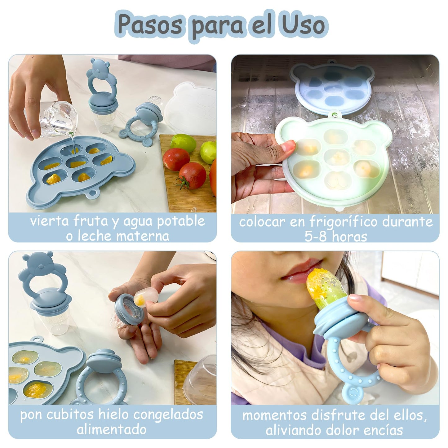 EHRHDKNS Bandeja Congeladora de Alimentos para Bebés Sin BPA, Adecuado para la Introducción Segura de Alimentos, Fruta y Papillas a Partir de los 4 Meses, Fortalece los Dientes del Bebé y le Ayuda a Comer Sano (Azul, Oso)