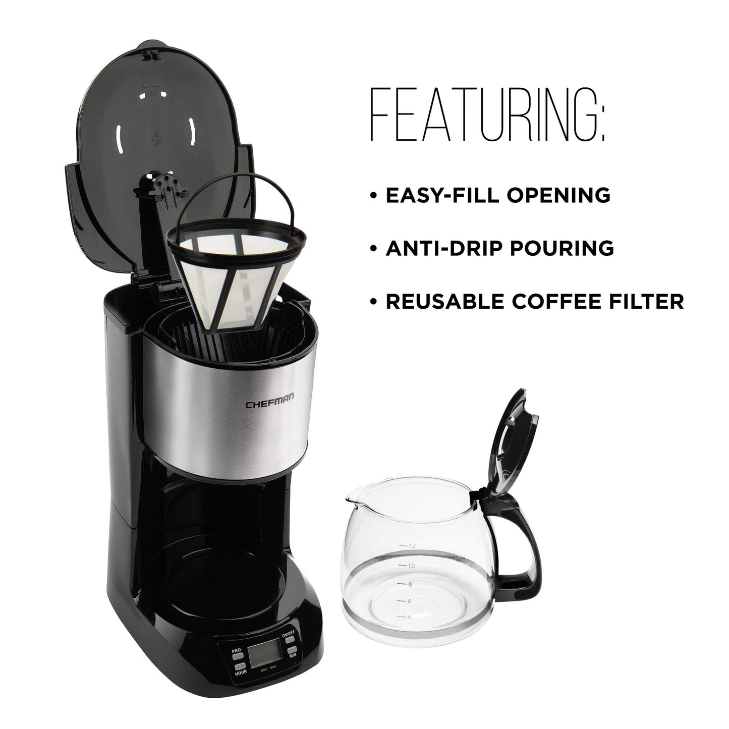 Chefman | Cafetera Programable | 12 tazas | Goteo | Filtro Reutilizable | Acero Inoxidable