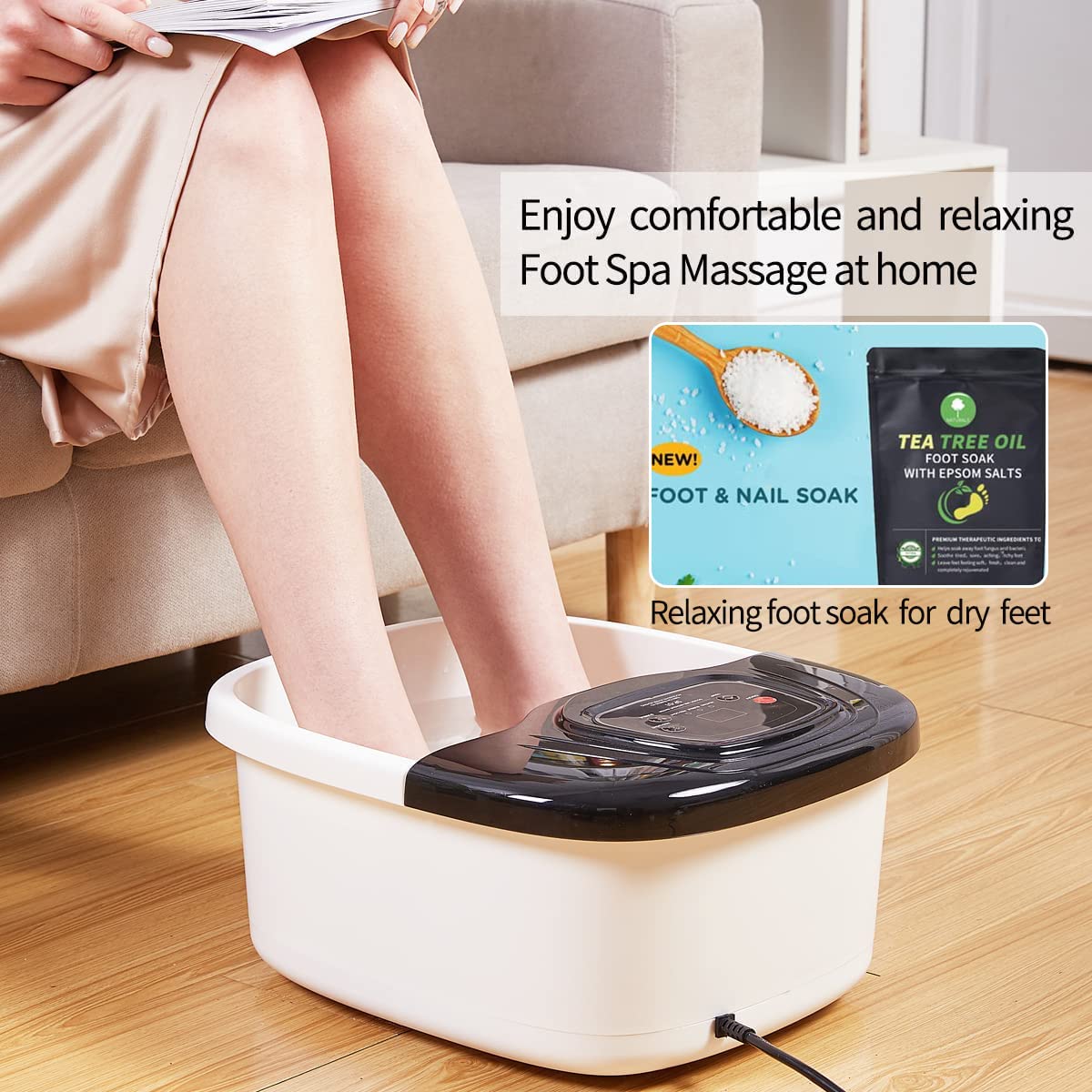 Masajeador de Baño para Pies con Calor y Burbuja, 8 Rodillos de Masaje, Sal de Epsom, Luz Roja y Vibración para Aliviar el Estrés