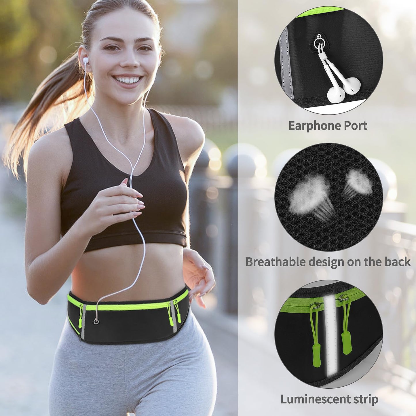 Cangurera Deportiva con Correa Ajustable Impermeable Riñonera Deportiva para Exteriores con Tiras Reflectante para Correr Hombre y Mujer-Negro