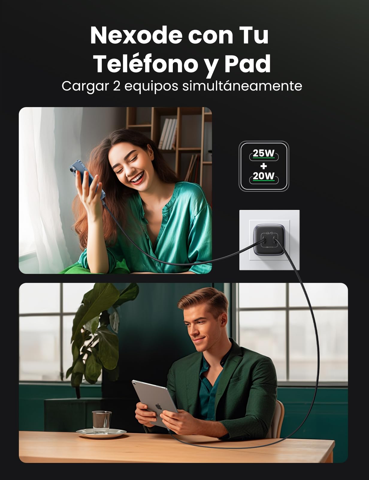UGREEN Nexode 45W Cargador Tipo C GaN con Cable USB C 100W 1M, Gargador USB C 2 Puertos, Carga Rápida Cargador Portátil Compatible con Galaxy S25 S24 S23 Ultra, iPhone 15 14 Pro, MacBook Air, iPad Pro