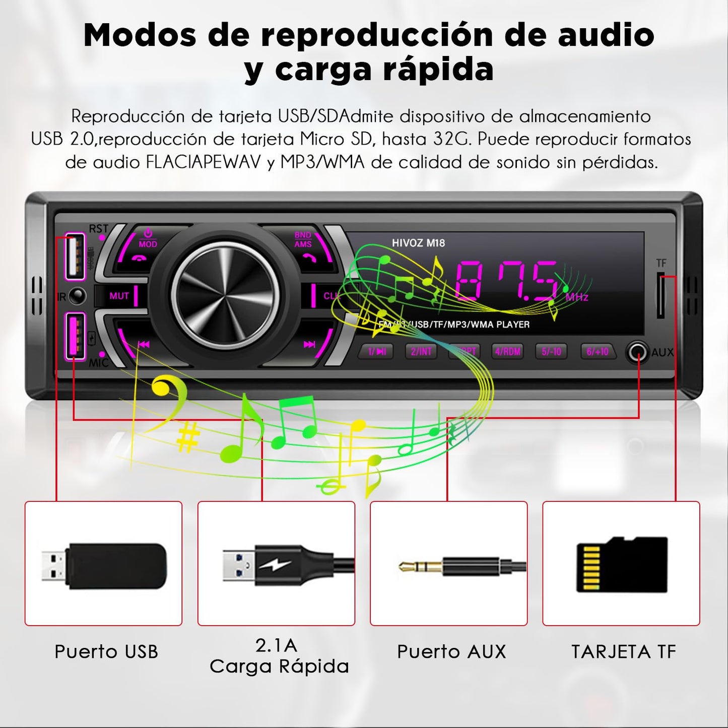 HIMICAR Estereo para Automovil MP3, Autoestéreo Bluetooth Llamada Manos Libres, Control por Voz, Dual USB, Bluetooth, FM, AUX, TF, Disco U, Micrófono Incorporado + Controles del Volante