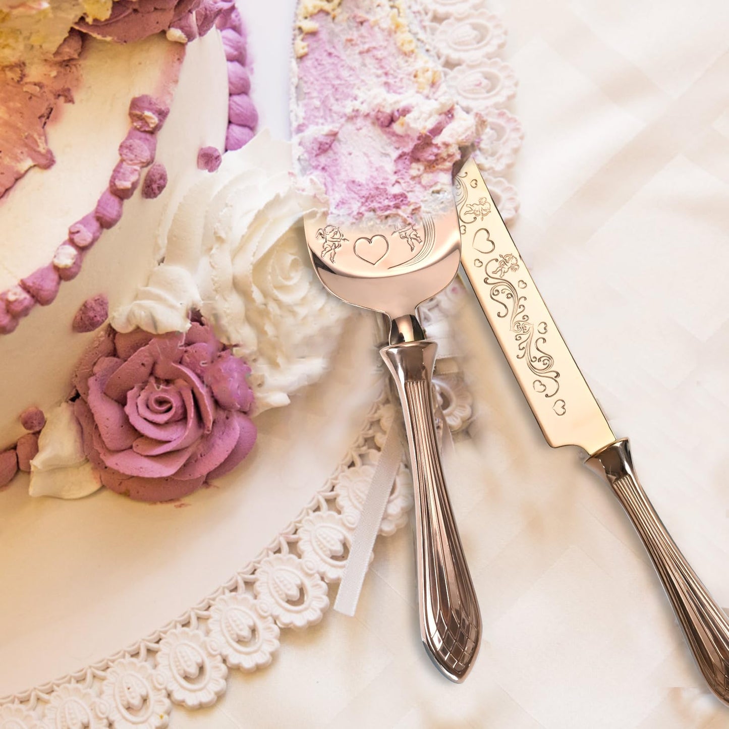 KSENDALO - Juego de cuchillos y servidores para tartas de boda, juego de corte de pasteles de oro rosa para boda, juego de cuchillos y servidores de pasteles de acero inoxidable SUS304 para bodas,