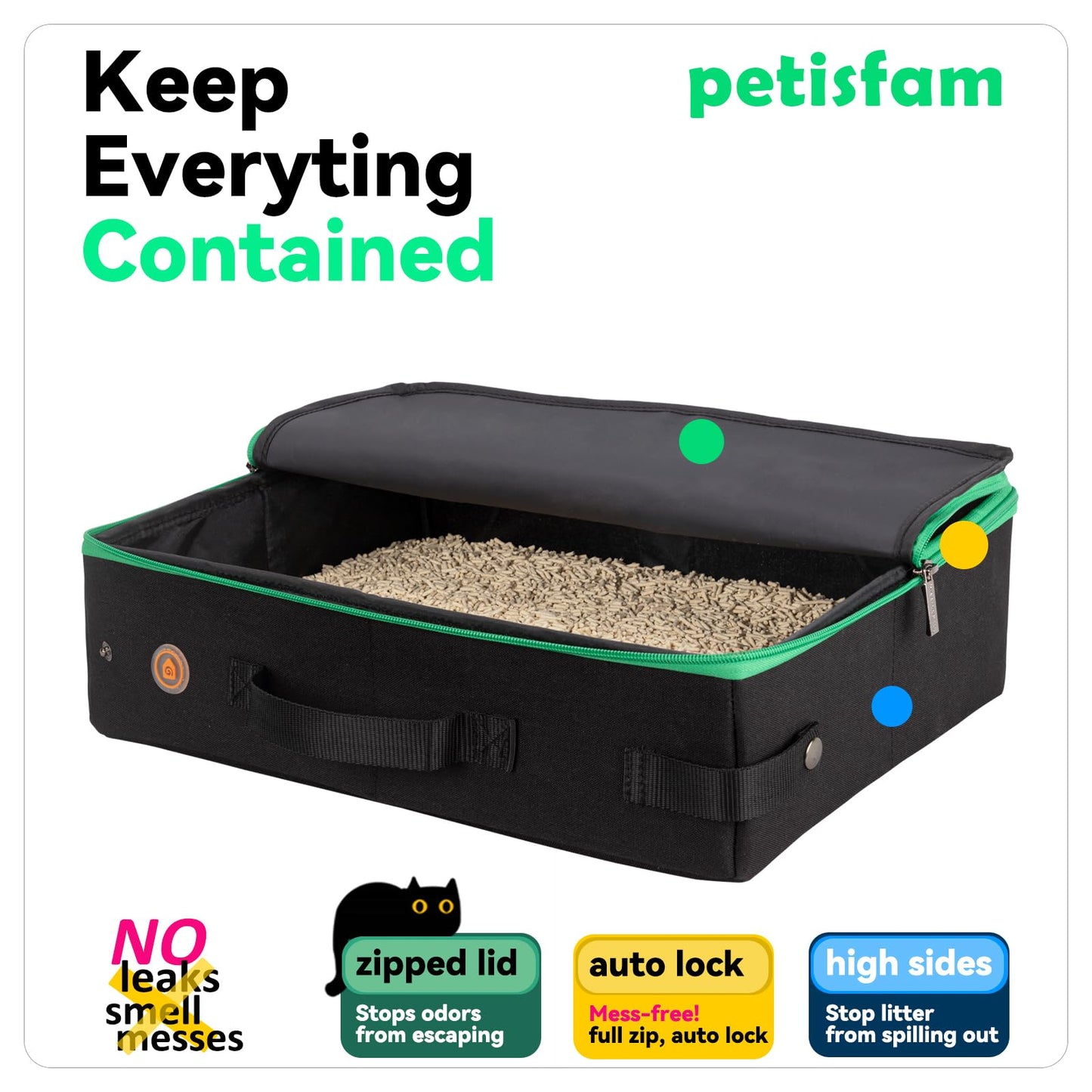 Caja de arena para gatos con 1 plegable y 1 cuchara. Portátil, ligero, a prueba de fugas, fácil de sotrage (para gatos medianos y gatitos, negro)