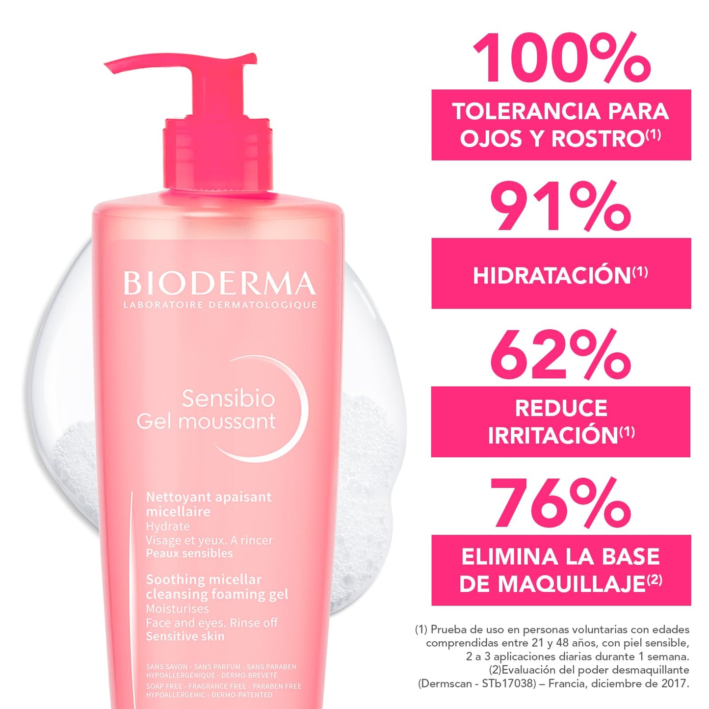 BIODERMA, Limpiador Facial, Sensibio Gel Moussant, Gel Micelar para Piel Sensible, Hidratación al instante, 500 ml