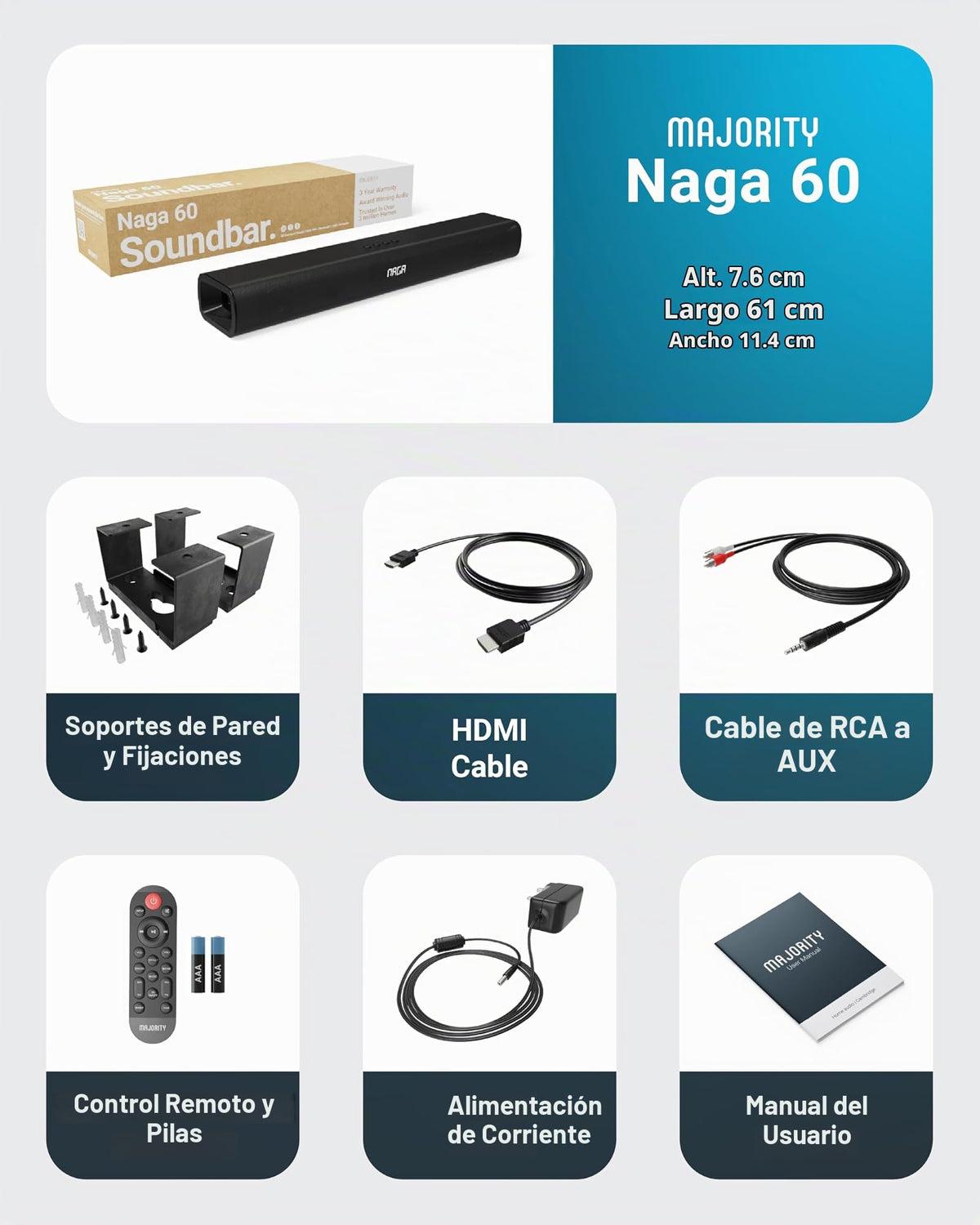 Barra de Sonido Bluetooth Majority Naga Negra 120W Sonido 3D con Subwoofer Integrado para Smart TV