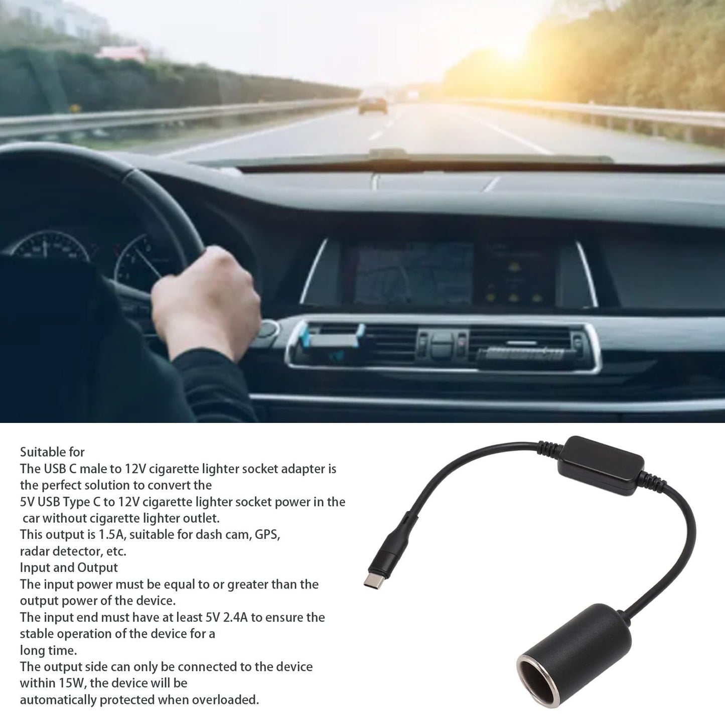 Adaptador USB C Macho a Encendedor de Cigarrillos 12V, Cable de Alimentación, Tipo C 5V a 12V
