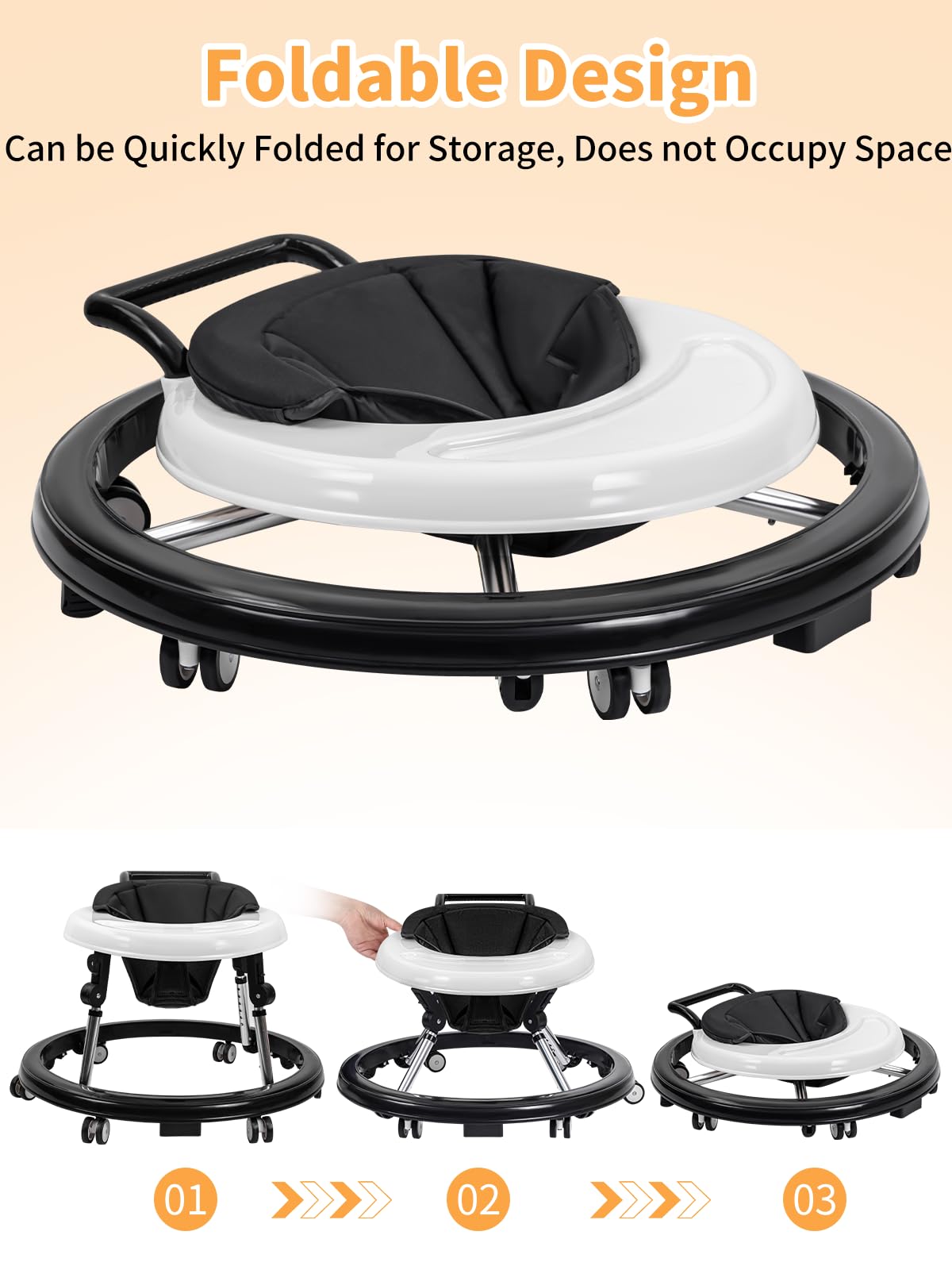 Baby Walker with Wheels, Activity Center with Mute Wheels Anti-Rollover, 5 Height Adjustable Foldable Baby Walkers for Boys and Girls from 6-18 Months with Footrest