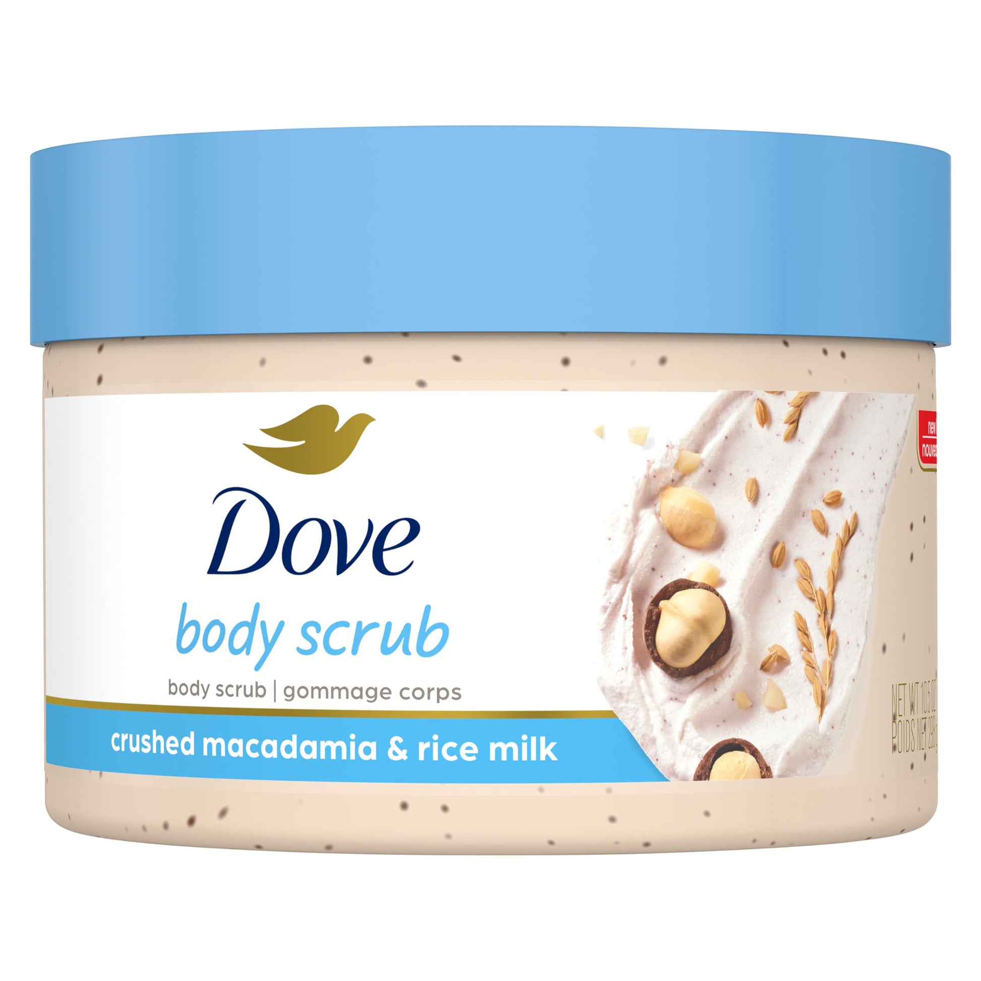 Dove, Exfoliating Body Polish, Macadamia and Rice Milk, Exfoliante Corporal, Macadamia y Leche de Arroz, Piel Suave y Nutrida, Sin Sulfatos, 298 gramos