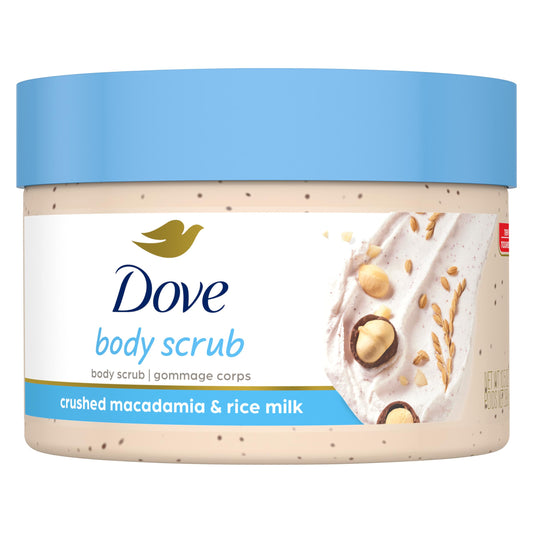 Dove, Exfoliating Body Polish, Macadamia and Rice Milk, Exfoliante Corporal, Macadamia y Leche de Arroz, Piel Suave y Nutrida, Sin Sulfatos, 298 gramos