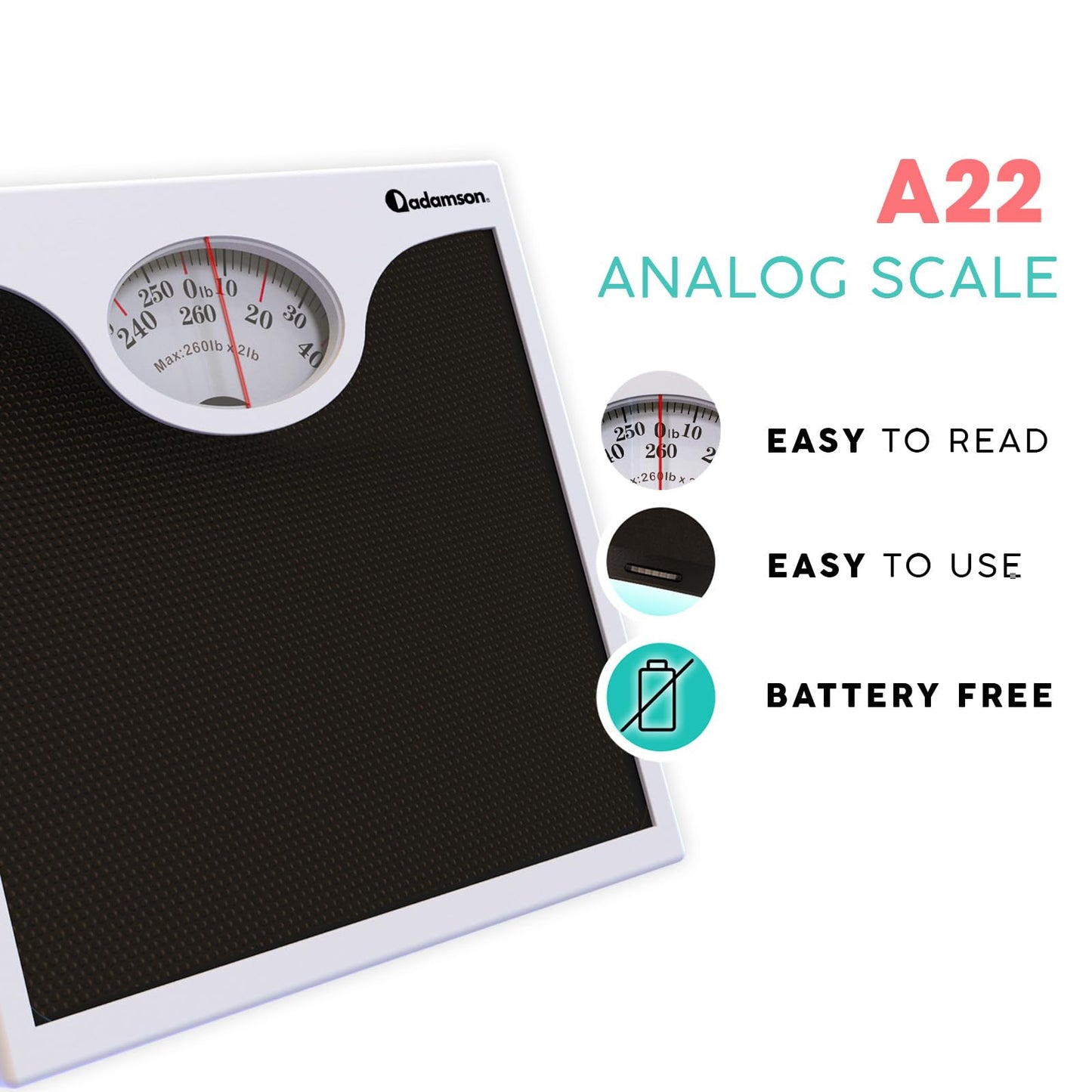 Adamson - Báscula de baño A22 para peso corporal, hasta 260 libras, nueva versión, superficie de goma antideslizante, básculas de peso analógicas para baño, asequible, duradera con garantía de 20