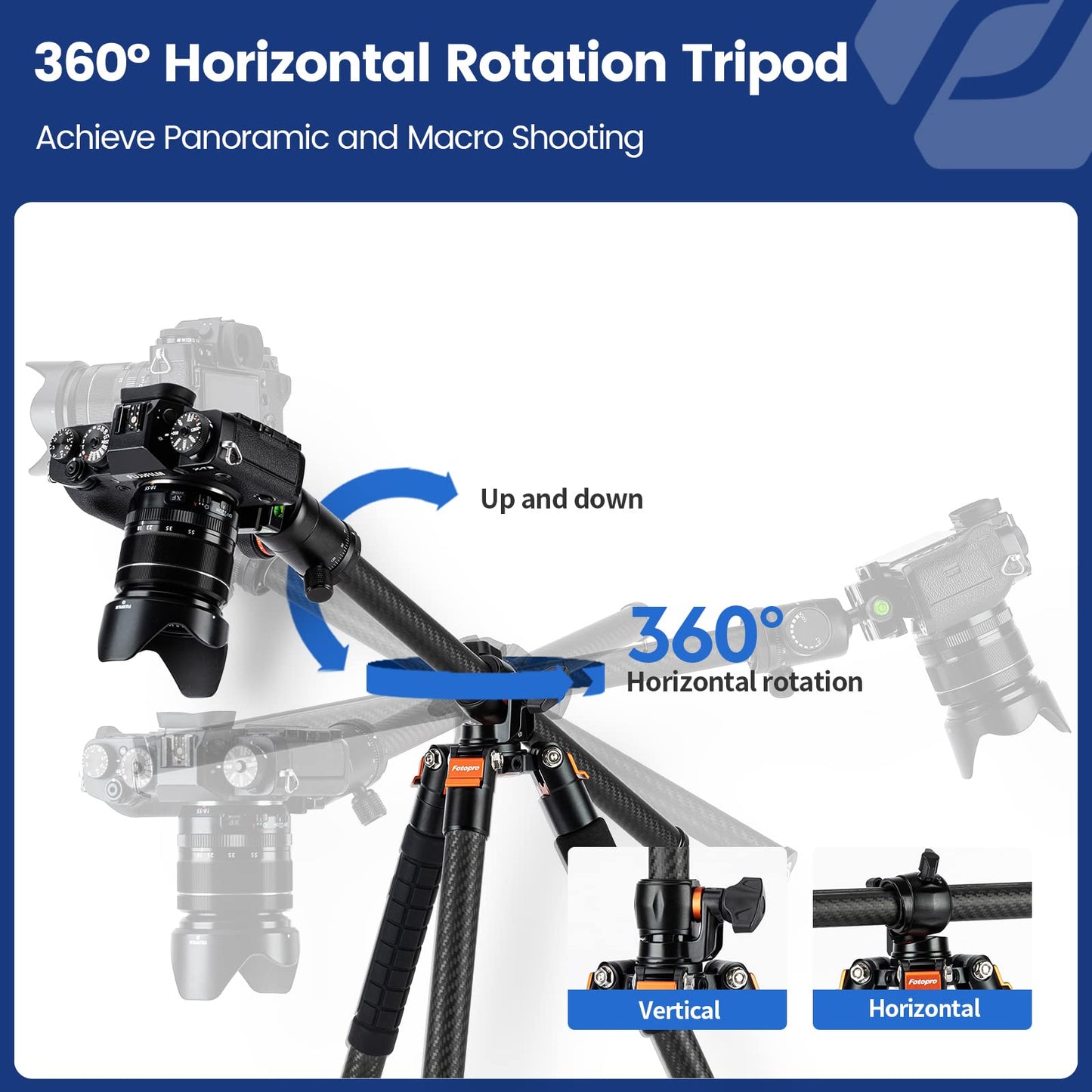 Fotopro - Trípode Horizontal de Fibra de Carbono, trípode de cámara de 75 Pulgadas con Cabezal de Bola de 360 Grados, Placa de liberación rápida para videocámara DSLR, trípode 2 en 1, Carga máxima de