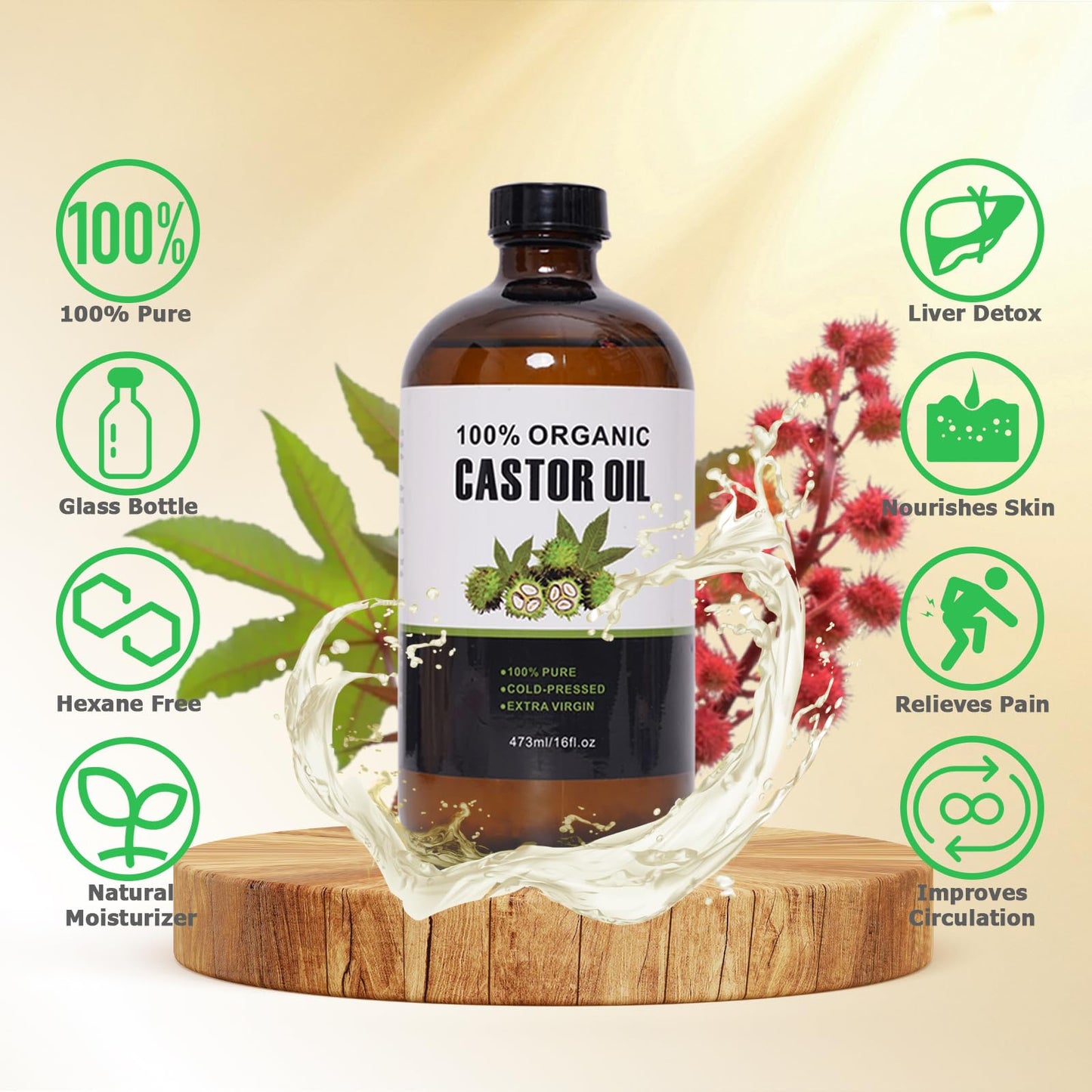 XIKERAY - Aceite de ricino orgánico prensado en frío sin refinar (16 onzas/473 ml), paquete de aceite de ricino reutilizable, algodón orgánico, kit de aceite de ricino para cintura, rodillas y cuello